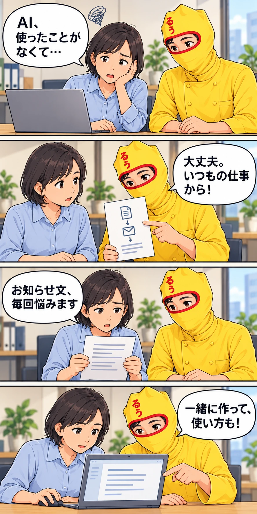上から読む4コマ。AI初心者の担当者が、お知らせ文を題材にルウ王子と使い方を学ぶ説明場面。
