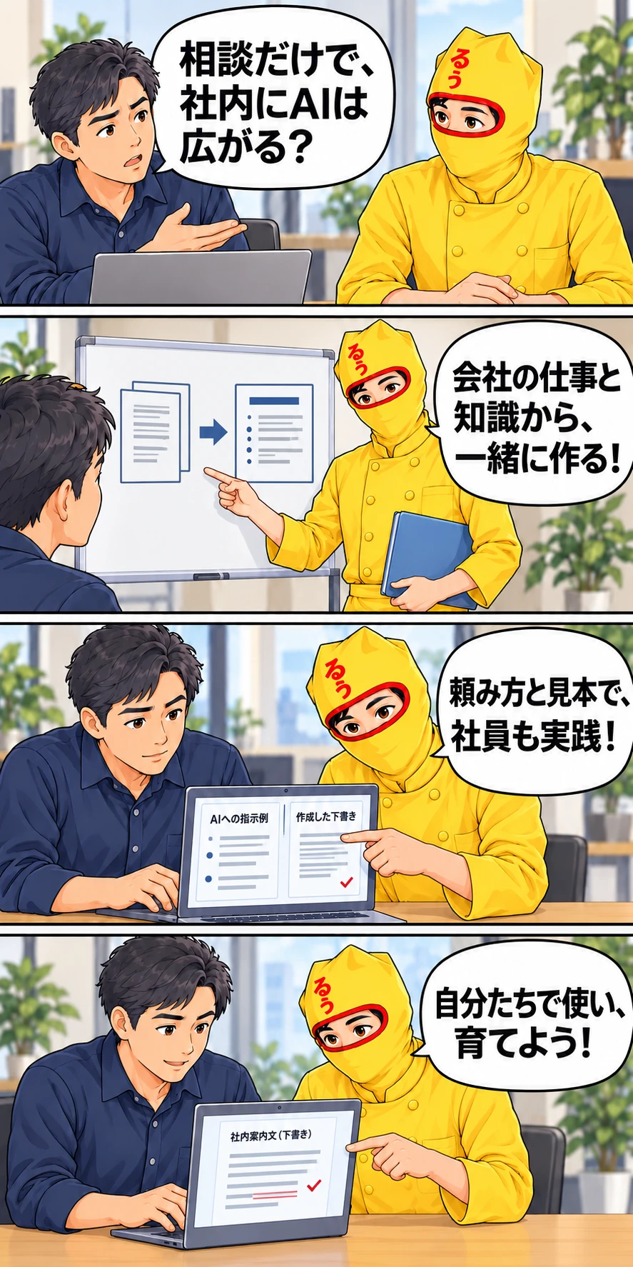 上から読む4コマ。社内にAIを広めたい担当者に、ルウ王子が会社の知識、AIへの頼み方、成果物の見本、社員が使い育てる流れを説明する。