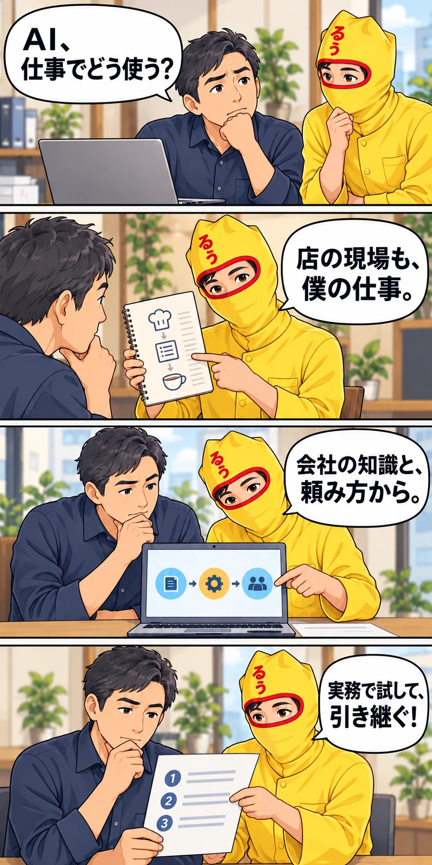 上から読む4コマ。仕事でのAI活用に悩む担当者に、店の現場を知るルウ王子が会社の知識・頼み方・実務で試す進め方を説明する。